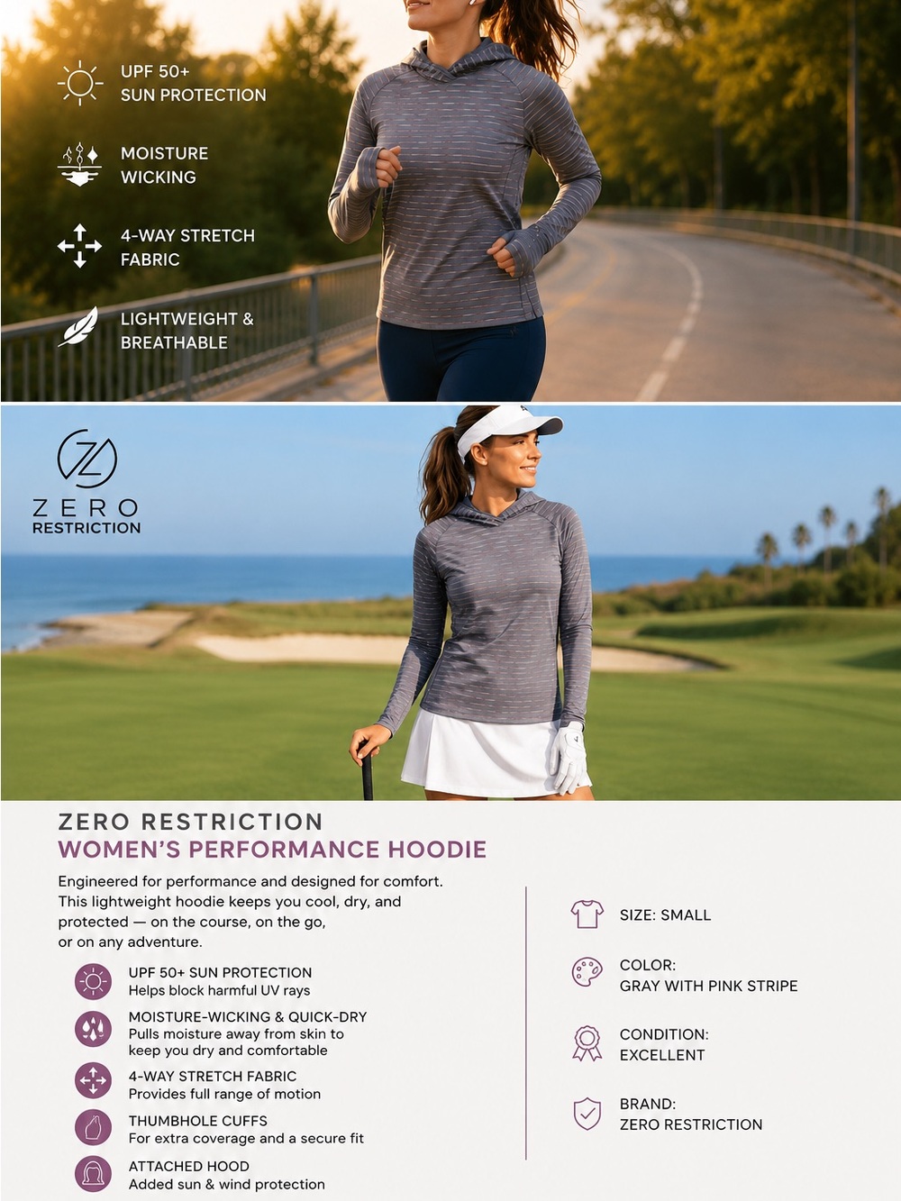 Zero Restriction Women’s Gray Performance Hoodie with Pink Stripe